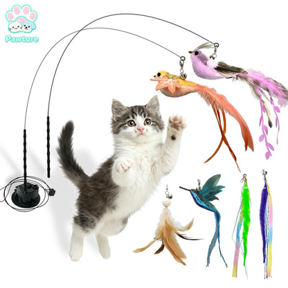 10-Piece Interactive Cat Toy Set – Suction Cup Wand with Natural Feathers & Bells for Hands-Free Hunting, Chasing & Self-Play with Multiple Replacements 🐱✨