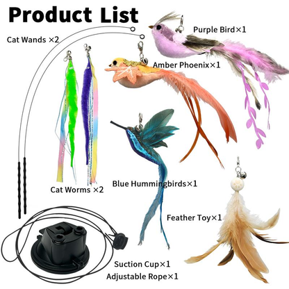 10-Piece Interactive Cat Toy Set – Suction Cup Wand with Natural Feathers & Bells for Hands-Free Hunting, Chasing & Self-Play with Multiple Replacements 🐱✨