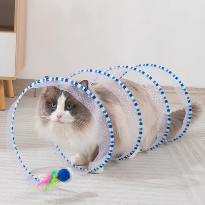 Foldable Interactive Cat Tunnel – Plush Spiral Toy with Feathers for Solo Play, Exercise & Stress Relief 🐱✨