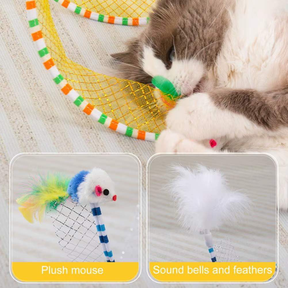 Foldable Interactive Cat Tunnel – Plush Spiral Toy with Feathers for Solo Play, Exercise & Stress Relief 🐱✨