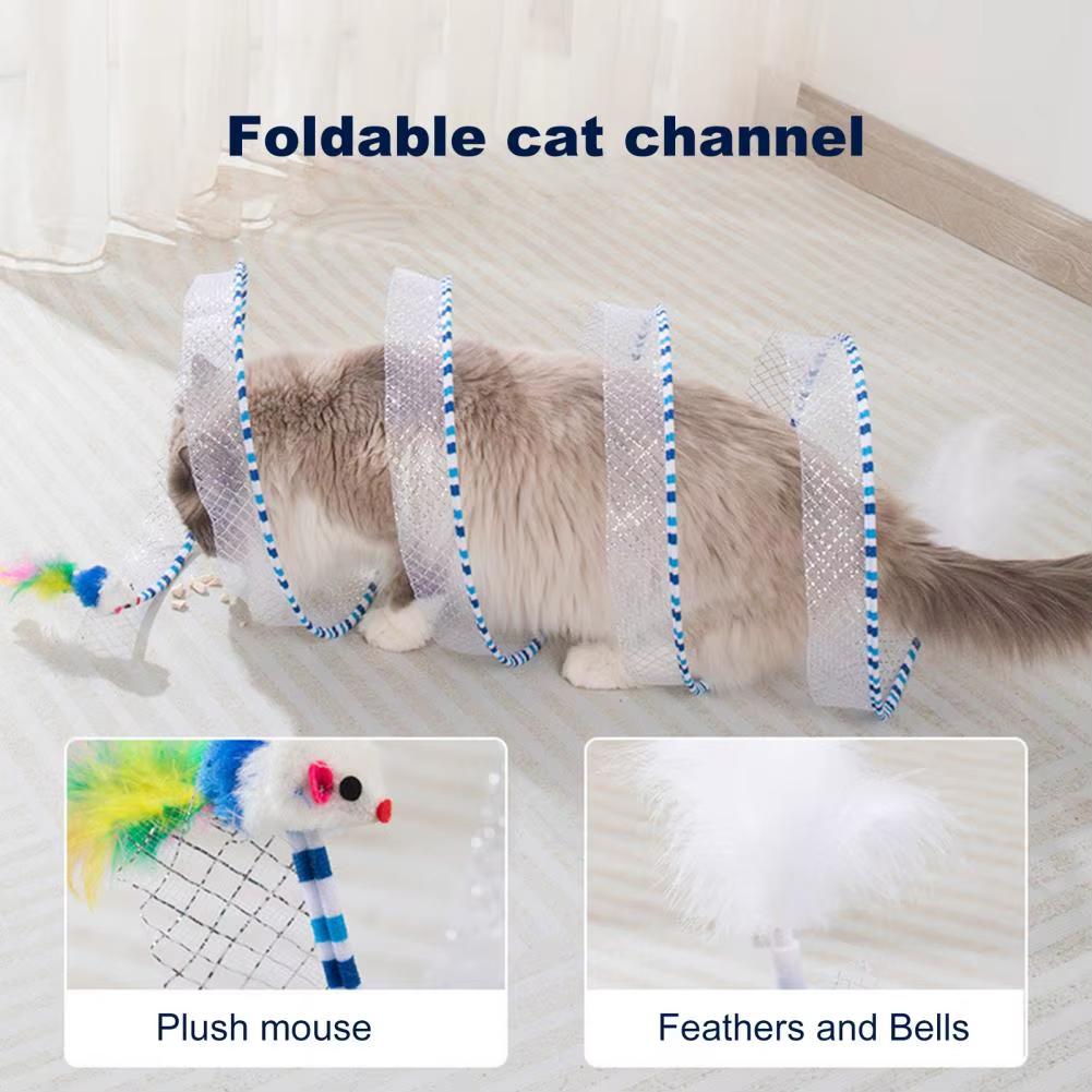 Foldable Interactive Cat Tunnel – Plush Spiral Toy with Feathers for Solo Play, Exercise & Stress Relief 🐱✨