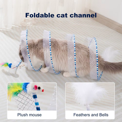 Foldable Interactive Cat Tunnel – Plush Spiral Toy with Feathers for Solo Play, Exercise & Stress Relief 🐱✨